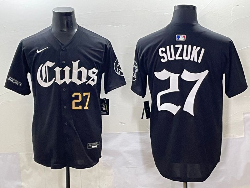 Men 2025 Chicago Cubs 27 Suzuki Black Five generations Joint Name Nike MLB Jersey style 3